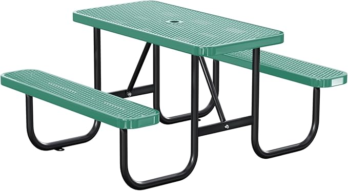 4FT Rectangular Outdoor Picnic Table with Attached Benches, Heavy-Duty Expanded Metal Mesh Patio Table, Commercial-Grade Outdoor Seating for Park, Backyard, Deck, Lawn, Green