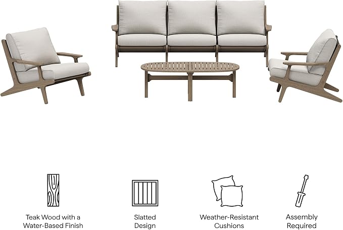 Modway Saratoga 4-Piece Teak Wood Outdoor Furniture Set in Weathered Gray Pebble - Patio Conversation Set with Sofa, 2 Armchairs, and Coffee Table