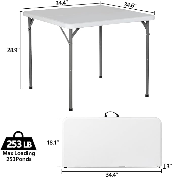 ZENY 34inch Fold in Half Square Table, Portable Plastic Dining Card Table for Kitchen or Outdoor Party Wedding Event, Bi-Folding Picnic Camp Dining Table, White