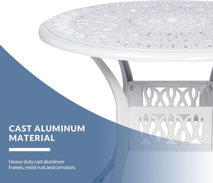 31 Inch Outdoor Dining Table Round Patio Bistro Table Bronze Cast Aluminum Rustic Large Table with Umbrella Hole, White