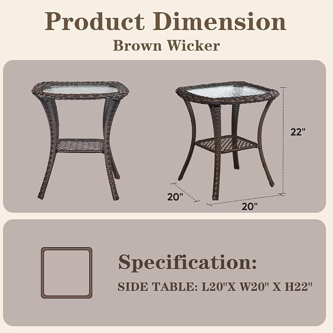 Small Outdoor Side Table - 50 LBS Weight Capacity Wicker Side Table with Storage, Tempered Glass Top Patio Side Table for Porch Balcony Deck Garden - Brown