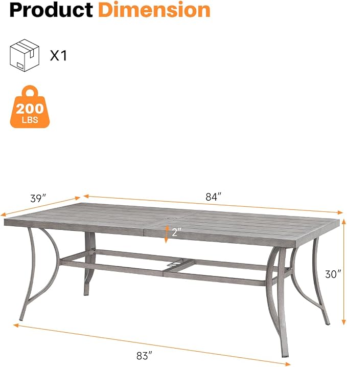 Never-Rust Outdoor Dining Table for 8, Aluminum Patio Dining Table with Umbrella Hole, 84" Rectangle Outdoor Dining Tables for Deck, Backyard, Garden, Poolside, Limed Oak