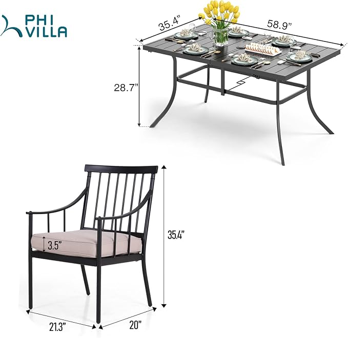 PHI VILLA 7 Piece Patio Dining Set, Rectangular Metal Table | Metal chairs, Fixed Chair, Umbrella Hole, adjustable, Cushions, powder-coated, 300 lb chair capacity