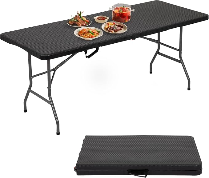 6FT Folding Table, Fold-in-Half Portable Plastic Table with Handle, Heavy Duty HDPE, 500 lbs Capacity, Waterproof & Scratch-Resistant, Locking Legs, Anti-Slip Feet for Indoor Outdoor Party Picnic
