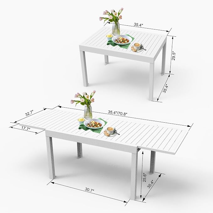Domi Aluminum Patio Extendable Dining Table 35"- 71", Adjustable Indoor Outdoor Patio Dining Table with E-Coating for 4-6 Person Garden Lawn Porch Bistro Furniture, Elegant Ivory White