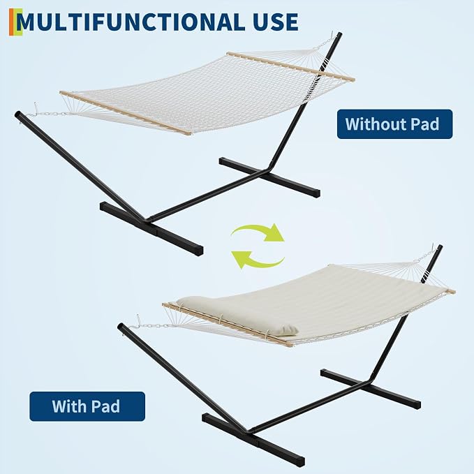 Portable Double Hammock with Stand, 2 Person Quilted Padded Hammock with Pillow, Adjustable Heavy-Duty Steel Hammock Stand, Foldable Outdoor Hammock for Patio Garden Backyard Beach Camping, White