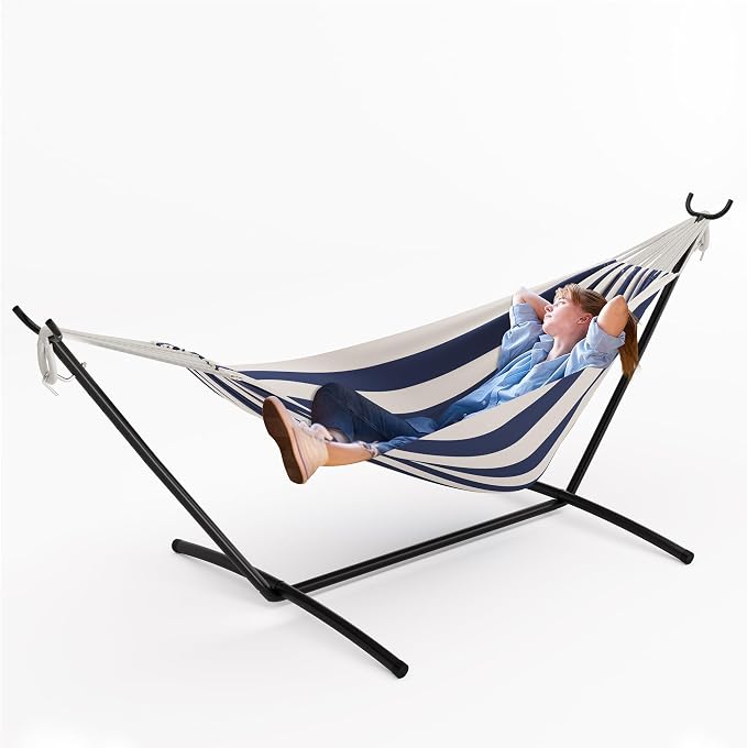 Heavy Duty Double Cotton Hammock with Stand, 450lbs Capacity Portable Hammock with Carry Bag, Vibrant Tropical Style for Indoor Outdoor Patio Backyard Camping