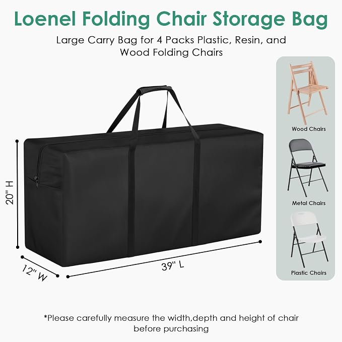 Folding Chair Storage Bag, Waterproof Large Carry Bag for 4 Packs Plastic, Resin, and Wood Folding Chairs - 39" L x 12" W x 20" H