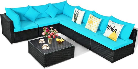 COSTWAY 7 Pieces Patio Furniture Set, Outdoor Rattan Conversation Set with 6 Seats, Coffee Tea Table, Soft Cushions, Wicker Patio Sectional Sofa for Garden Balcony Porch Poolside, Turquoise