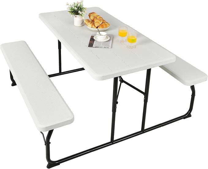 Giantex Folding Picnic Table Bench Set, Outdoor Dining Table Set, Large Camping Table for Patio Deck Lawn Garden Backyard Poolside, Portable Picnic Tables, Weather Resistant Metal Frame, White