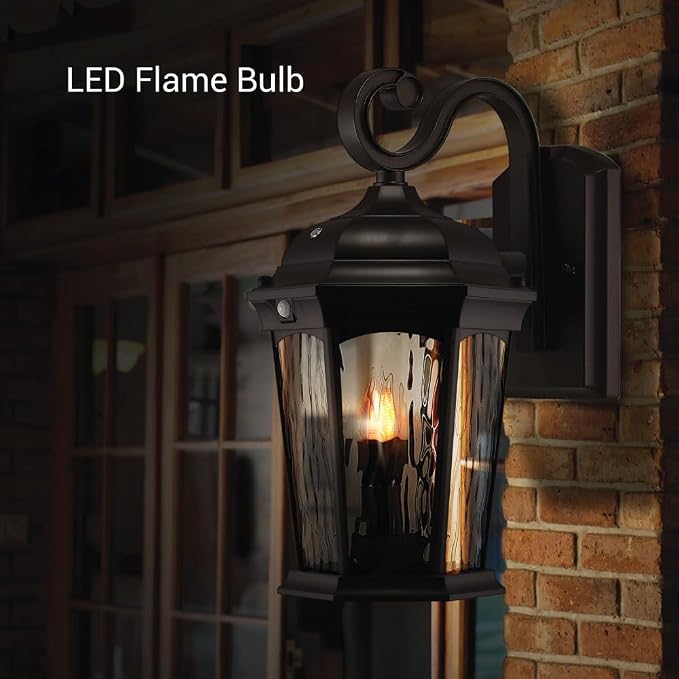 Euri Lighting EFL-130W-MD Flickering Flame Porch Light, Water Glass, with Integrated Security Light (3000K), Motion-Sensor, Dusk-to-Dawn, Oil Rubbed Bronze Housing | Integrated Security Light (3000K), Dusk-to-dawn, Water Glass, Oil Rubbed Bronze Housing