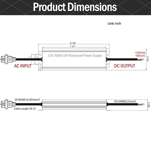 12V 300W UL Listed LED Power Supply with 3.28ft US Standard Plug Wire | Waterproof IP67 Low Voltage Transformer, 100V-130V AC to 12V DC Converter for DC12V LED Lighting Products