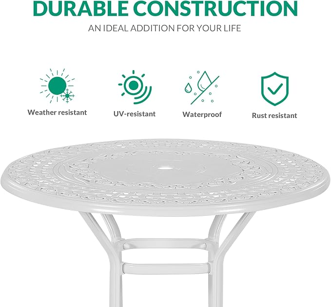 VIVIJASON 38.5" Patio Height Bar Table, All-Weather Cast Aluminum Bar Bistro Table Outdoor Patio Round Dining Table with Umbrella Hole for Balcony, Lawn, Garden, Backyard, White