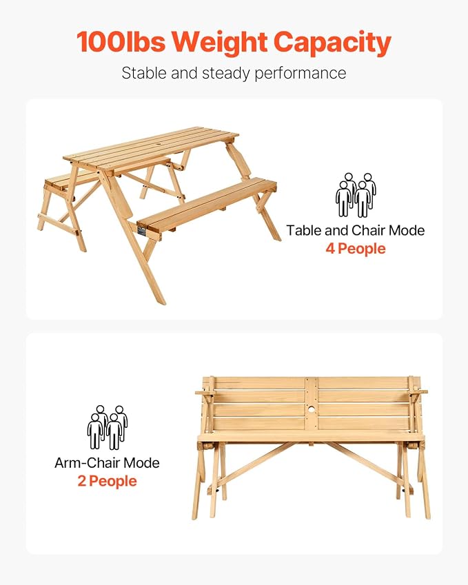 VEVOR 2-in-1 Transforming Interchangeable Picnic Table, Outdoor Wooden Table and Bench Set, Portable Foldable Bench with Umbrella Hole, Patio Dining Furniture for Garden, Backyard, Porch (Brown)
