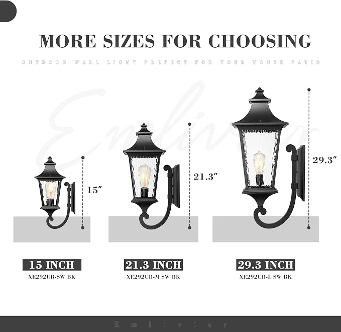 Emliviar 21.1 Inch Farmhouse Outdoor Wall Sconce,1 Light Exterior Wall Lighting in Black Finish Frame, Water Ripple Glass Shade, XE292UB-M SW BK