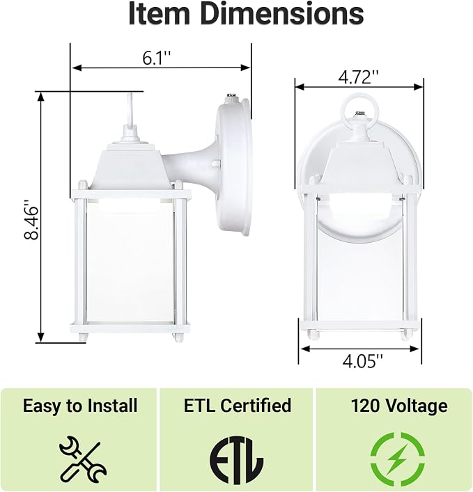 Outdoor Wall Light Fixture Dusk to Dawn, Rustproof Aluminum, LED | Exterior Porch Light Wall Sconce Lantern for House, Patio, Garage, Waterproof, Glass, 9.5W 800 Lumen, 5000K, White, 1 Pack