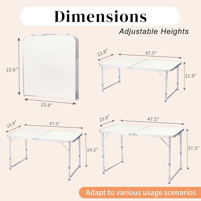 Aluminum Folding Camping Table,4ft Portable Folding Outdoor Table, 3 Adjustable Heights Lightweight Aluminum Table, with Carry Handle for Camping, Beach, BBQ,，Party，Camp Kitchen