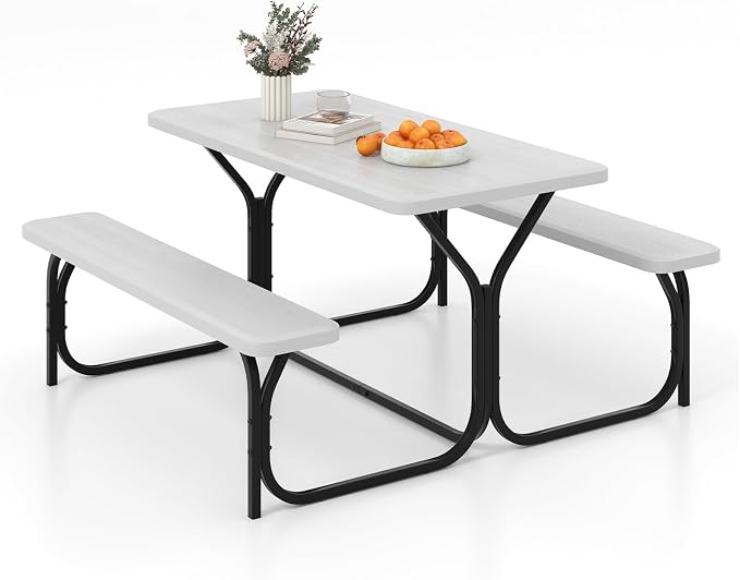 S AFSTAR Picnic Table Bench Set, 59” Expanded Rectangular Picnic Table, Outdoor Table and Bench W/Steel Frame & Wood-Like Texture Tabletop, Camping Table Chair Set for Garden Patio Lawn Deck (White)