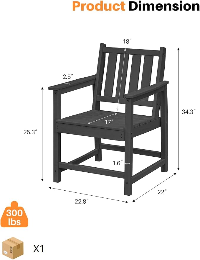 Patio Dining Chair Set of 2, HDPE Outdoor Dining Chair, Ergonomic HDPE Dining Chairs with Deep Seating, All Weather Outdoor Chairs Furniture for Backyard, Deck, Garden, Poolside, Obsidian