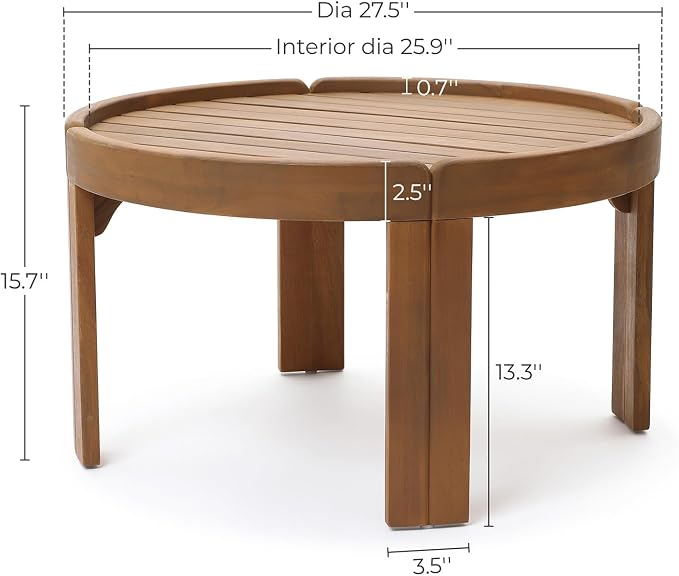 LuxenHome 27.5" Dia Outdoor Round Coffee Table, Acacia Wood Patio Table with Raised Edge, Small Wooden Garden Coffee Table for Balcony, Patio, Porch