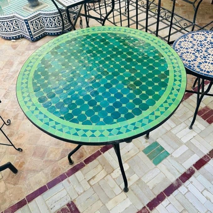 Amazing Mosaic Table, Round Green Zellij Tile Top, Handmade Patio Bistro Table, Mediterranean Garden Furniture, Outdoor Decor