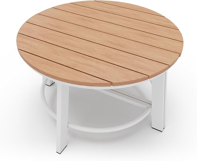 Outdoor Aluminum Round Coffee Table, All-Weather Patio Coffee Tables for Outside with PS Wood-Like Table Top, Modular Coffee Table for Backyard, Balcony, Deck, Yard, White