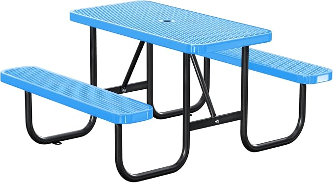 4FT/48IN Heavy Duty Outdoor Picnic Table and 2 Benches for 2-6 People, Weather Resistant Rectangular Steel Picnic Table Set with Umbrella Hole for Yard Patio Lawn Party Blue