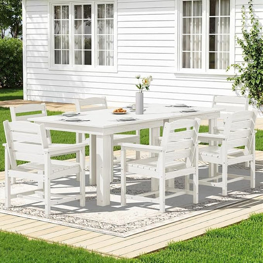 KINGYES 8-Piece HDPE Outdoor Dining Set for 6, Square Patio Table & Armchairs with Umbrella Hole, All-Weather Patio Dining Set for Backyard, Garden, Lawn & Poolside, White