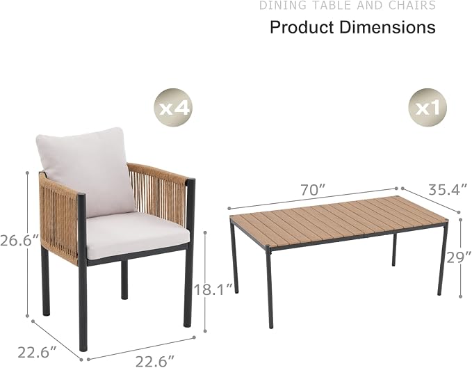 SUNSITT 5 Piece Outdoor Patio Dining Set, Patio Dining Furniture Set with 70” Metal Dining Table w/WPC Tabletop and 4 Patio Woven Rattan Chairs w/Curved Armrest for Garden, Beige