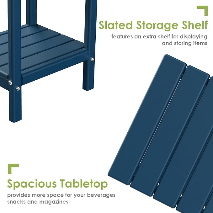GREENVINES Adirondack-Outdoor-Side-Table | Set of 2 | 14 x 13 Inches | HDPE Plastic | All Weather | Blue | Outside End Tables | Storage Shelf | for Patio Porch Backyard Indoor