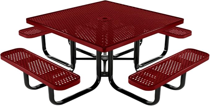 COATEDOUTDOORFURNITURE Heavy-Duty Portable Outdoor Kids Table with Umbrella Hole, Punched Steel Kids Picnic Table, Commercial-Grade, Made in America (46 in, Square, Childrens, Textured Burgundy)