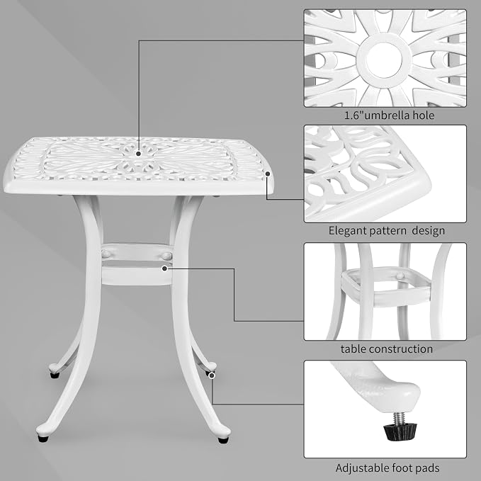 VINGLI 21” Cast Aluminum Outdoor Side Table with 1.6” Umbrella Hole, All Weather Square Patio Coffee Table Bistro Table End Table for Yard Porch Poolside(White)…
