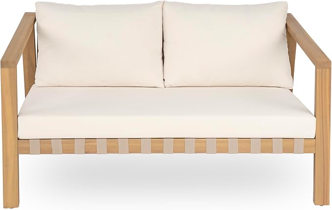 Christopher Knight Home Kayim Patio Loveseat Coffee Table Set with Woven Rope Backrest, Acacia Wood Outdoor Furniture Set, Outdoor Conversation Sofa Chat Set for Backyard Deck, Light Teak+Beige