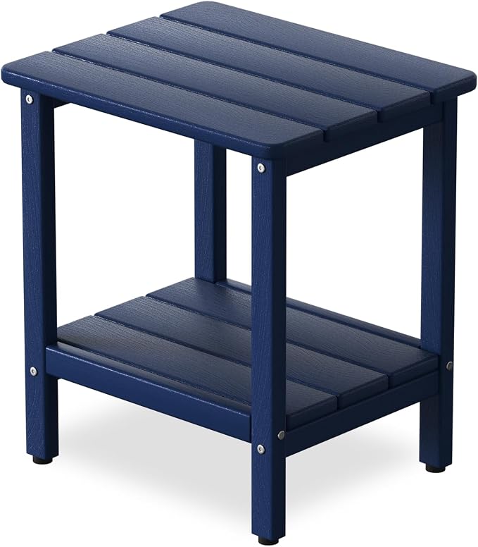 Outdoor Side Table, Small Square Patio Side Table with Adjustable Feet, All-Weather HDPE Adirondack End Tables for Porch Deck Balcony Pool, 2-Tier Storage, Easy Maintenance, Navy Blue