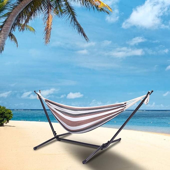 Professional Black & Silver Flowers Hammock Stand with Polyester Coffee Stripe Hammock