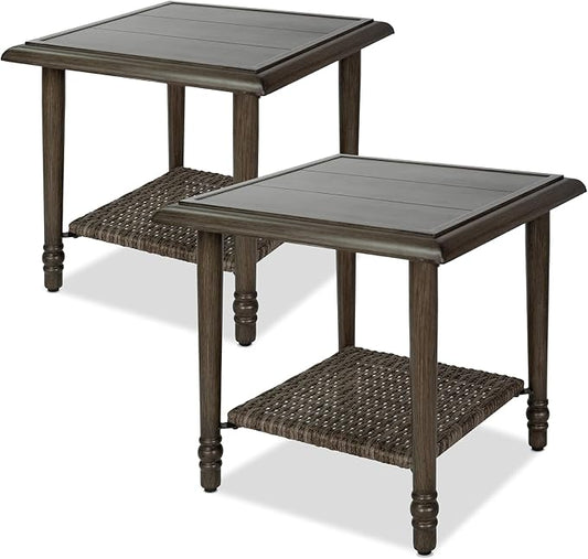 2PCS Wicker Outdoor Side Table, Heavy Duty Iron Patio Table for Porch Balcony Deck Garden Poolside