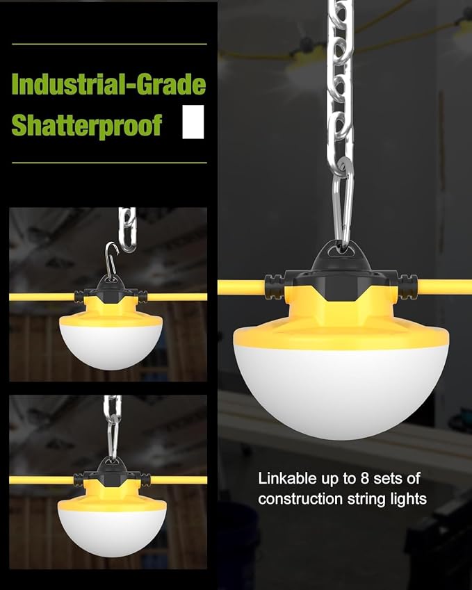 YXL 100FT 3Prong Construction String Lights 16000LM 130W Industrial LED String Lights, IP65 Waterproof 18AWG Wire 5000K Super Bright for Construction Sites Temporary Work Jobsites Outdoor Lighting