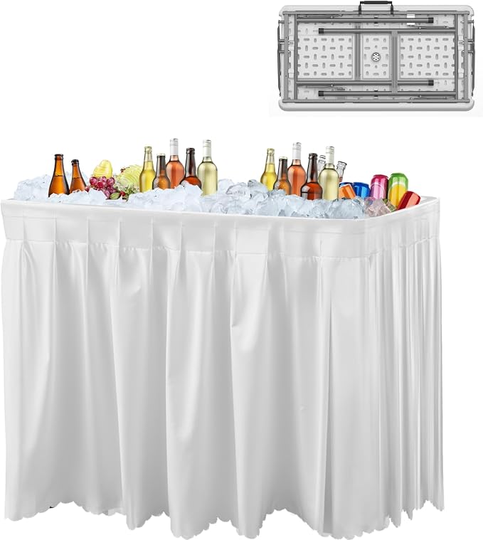 4 Foot Ice Cooler Folding Table, Party Ice Tables with Drain and Detachable White Skirt, Large Plastic Cooler Table to Keep Drinks Cool for Weddings, Outdoor, Picnics, Pool, Camping, BBQ, White