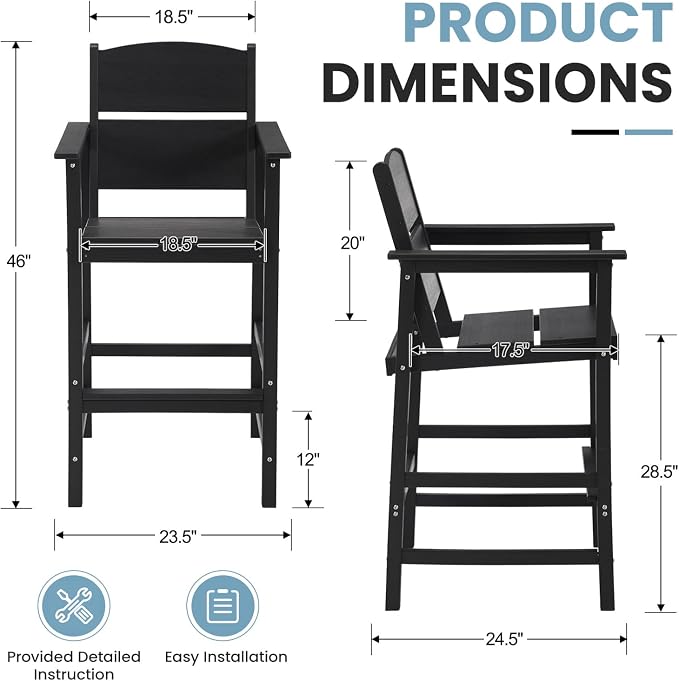 HDPE Outdoor Bar Chairs Set of 2, 28.5" Seat Height Bar Height Patio Stools with Armrest & Back, Heavy Duty All Weather High Top Chairs for Porch/Poolside/Deck, 400lb Capacity, Black