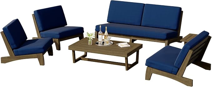 6 Piece Wood Outdoor Patio Frutnire Set, 7 Seater Patio Conversation Sets with Thick Cushions, Outdoor Sectional Furniture with Coffee Table - Navy Blue