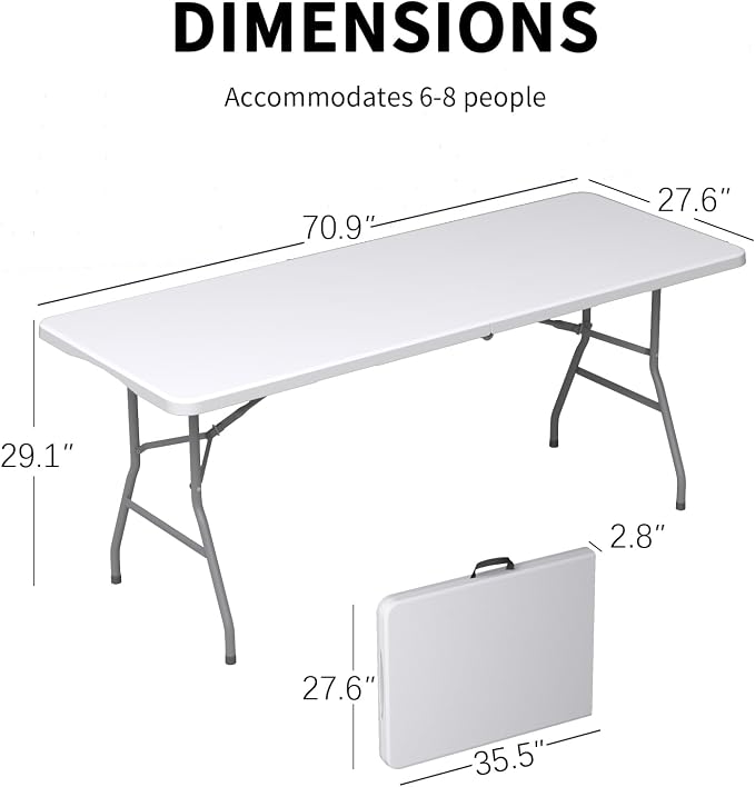 Folding Table 6FT, No Assembly Required Outdoor Picnic Table Thickened HDPE Panel, Office Foldable Table with Handle & Lock for Parties Wedding Camping (White, 4 Pack)