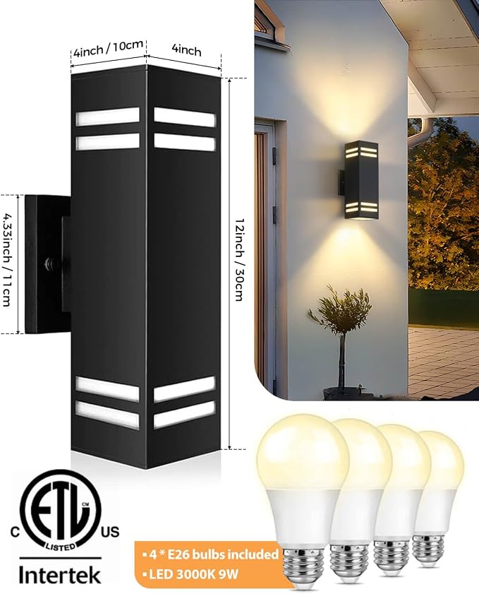 SHIMR Dusk to Dawn Outdoor Lighting, Modern Sconce, ETL Listed, 2 Pack | Black, Waterproof Aluminum Exterior Lighting Fixture, E26 Base, LED Bulbs Include, Up and Down Lights for Porch Garage Patio