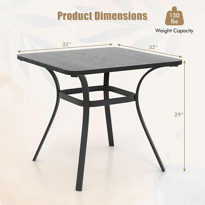 Giantex Patio Dining Table, 32”x32”x29” Outdoor Table, Heavy-Duty Metal Square Outside Table for 4 Persons, Patio Furniture for Backyard Garden Poolside