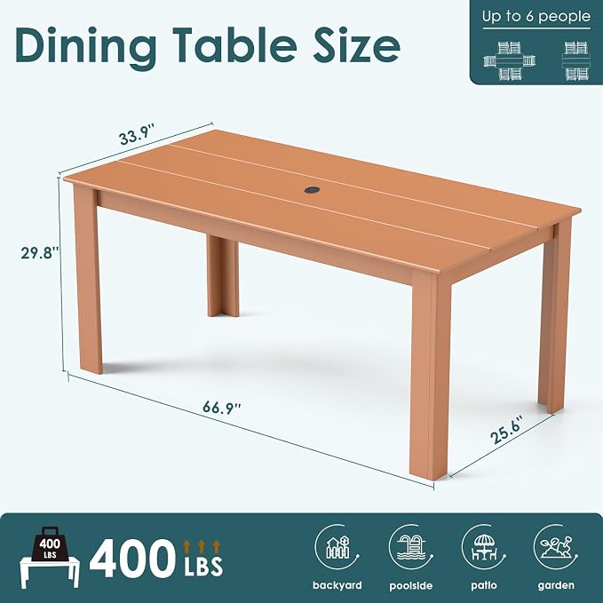 IVY&LANE Outdoor Dining Table | HDPE | 67’’ Rectangle Tables | Teak | All Weather | Umbrella Hole | Patio Furniture | for Poolside Lawn Garden Backyard
