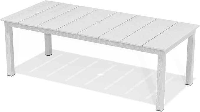 AreShark Outdoor Dining Table,All Weather Rectangular Patio Table for 6,Heavy-Duty HDPE Table with Umbrella Hole and Aluminum Frame,Weatherproof Outdoor Furniture for Backyard, Garden,White