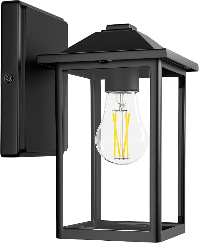 MATAMEYE Outdoor Wall Light Fixture, Exterior Waterproof Porch Lighting | Large Black Patio Wall Lantern, Anti-Rust, Clear Glass, E26 Socket, Wall Mount Sconce Lighting, Outside Front Door Light
