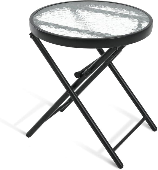 Folding Outdoor Side Table -Patio End Bistro Tables Portable Small 17.5" Round Tempered Glass Top Waterproof Dining Coffee Metal Black