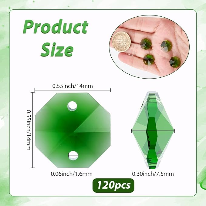 1 Box 120Pcs Glass Prism Beads Crystal Octagon Beads 2 Holes Chandelier Prisms Parts Replacement Links Ornaments Lamp Hanging Pendants for Suncatcher Home DIY Arts Crafts Decor Lime Green