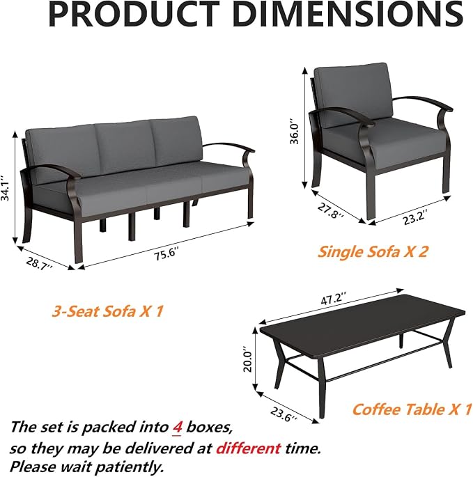 Gotland Aluminum Patio Furniture Set with Rectangular Coffee Table, Metal Patio Furniture with 5 Seats Waterproof 5.1'' Seat Cushions, Outdoor Sectional Patio Conversation Sets for Balcony Grey