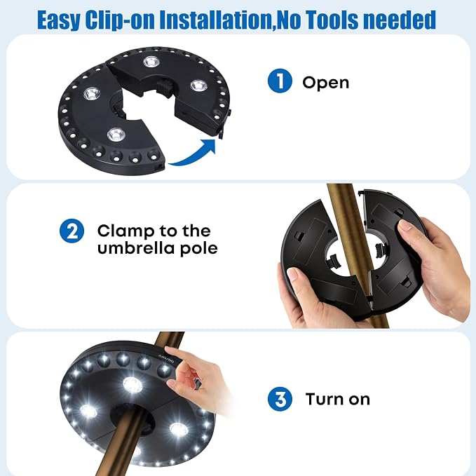 Patio Umbrella Light 3 Brightness Modes Cordless,with 28 Cool White LEDs-4 * AA Battery Operated Umbrella Lights,Fits 1.15"-2" Umbrella Poles,for Patio Umbrellas,Camping Tents and Indoor Use